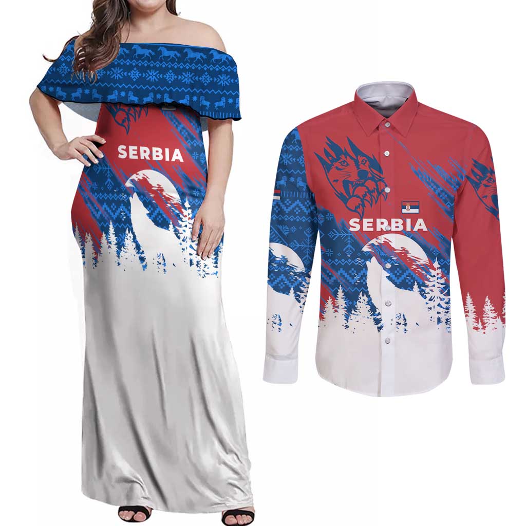 Serbia Christmas Couples Matching Off Shoulder Maxi Dress and Long Sleeve Button Shirt with Wolf Howling Moon Serbian Flag and Red Blue White Winter Forest Pattern Design - Wonder Print Shop