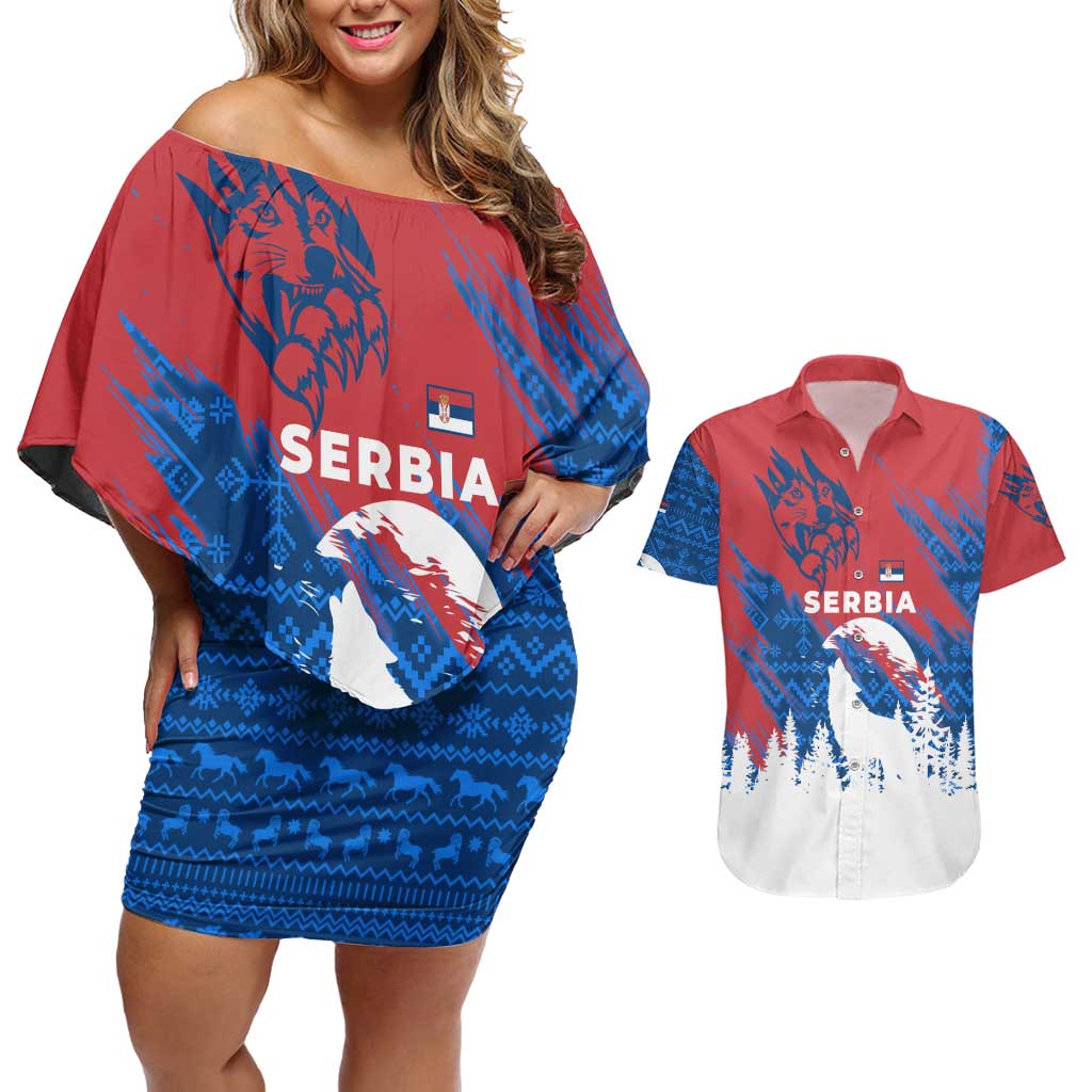Serbia Christmas Couples Matching Off Shoulder Short Dress and Hawaiian Shirt with Wolf Howling Moon Serbian Flag and Red Blue White Winter Forest Pattern Design - Wonder Print Shop