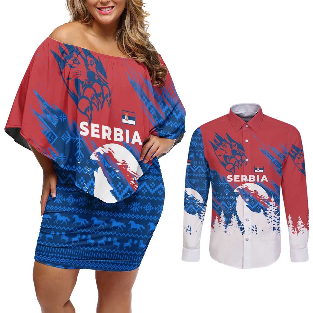 Serbia Christmas Couples Matching Off Shoulder Short Dress and Long Sleeve Button Shirt with Wolf Howling Moon Serbian Flag and Red Blue White Winter Forest Pattern Design - Wonder Print Shop