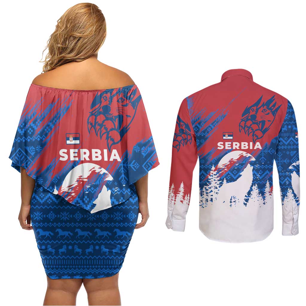 Serbia Christmas Couples Matching Off Shoulder Short Dress and Long Sleeve Button Shirt with Wolf Howling Moon Serbian Flag and Red Blue White Winter Forest Pattern Design - Wonder Print Shop