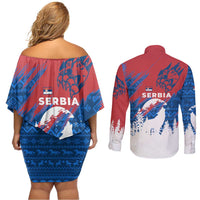 Serbia Christmas Couples Matching Off Shoulder Short Dress and Long Sleeve Button Shirt with Wolf Howling Moon Serbian Flag and Red Blue White Winter Forest Pattern Design - Wonder Print Shop
