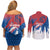 Serbia Christmas Couples Matching Off Shoulder Short Dress and Long Sleeve Button Shirt with Wolf Howling Moon Serbian Flag and Red Blue White Winter Forest Pattern Design - Wonder Print Shop