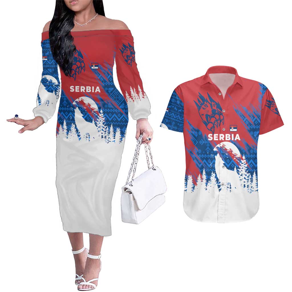 Serbia Christmas Couples Matching Off The Shoulder Long Sleeve Dress and Hawaiian Shirt with Wolf Howling Moon Serbian Flag and Red Blue White Winter Forest Pattern Design - Wonder Print Shop