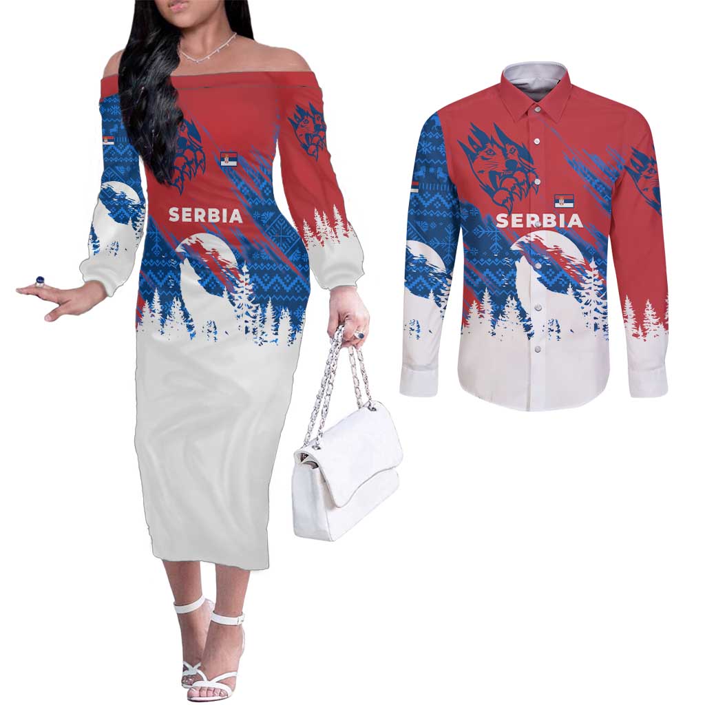 Serbia Christmas Couples Matching Off The Shoulder Long Sleeve Dress and Long Sleeve Button Shirt with Wolf Howling Moon Serbian Flag and Red Blue White Winter Forest Pattern Design - Wonder Print Shop