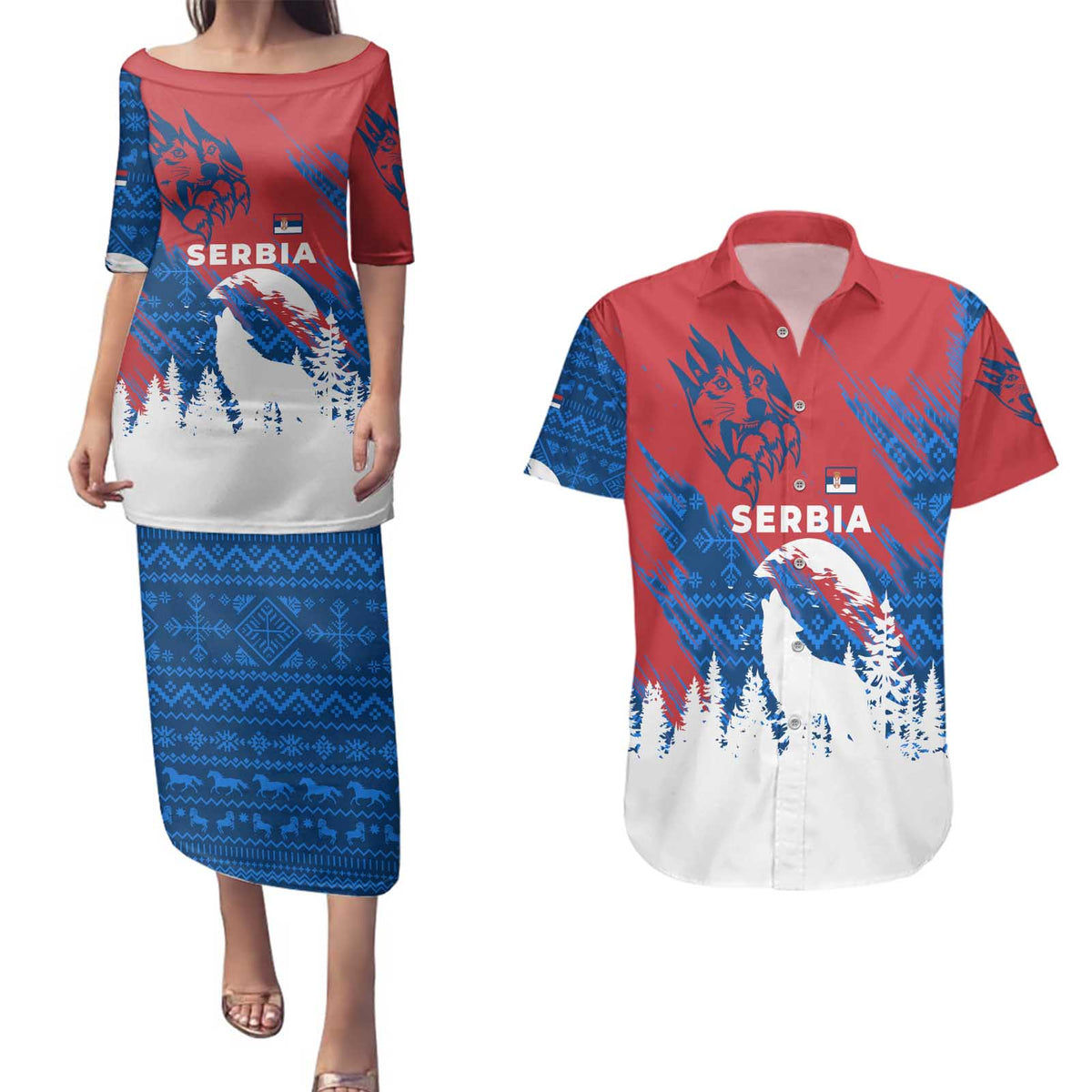 Serbia Christmas Couples Matching Puletasi and Hawaiian Shirt with Wolf Howling Moon Serbian Flag and Red Blue White Winter Forest Pattern Design - Wonder Print Shop