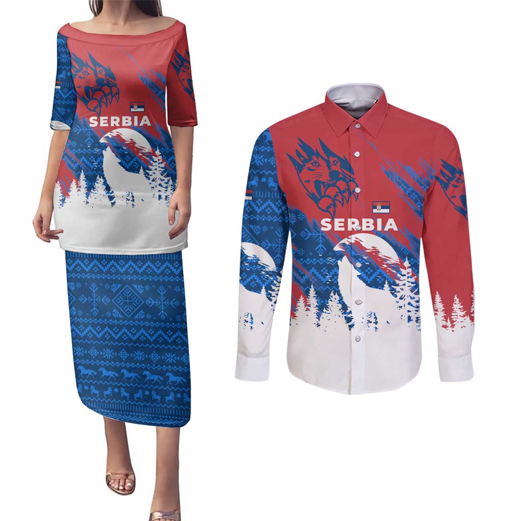 Serbia Christmas Couples Matching Puletasi and Long Sleeve Button Shirt with Wolf Howling Moon Serbian Flag and Red Blue White Winter Forest Pattern Design - Wonder Print Shop
