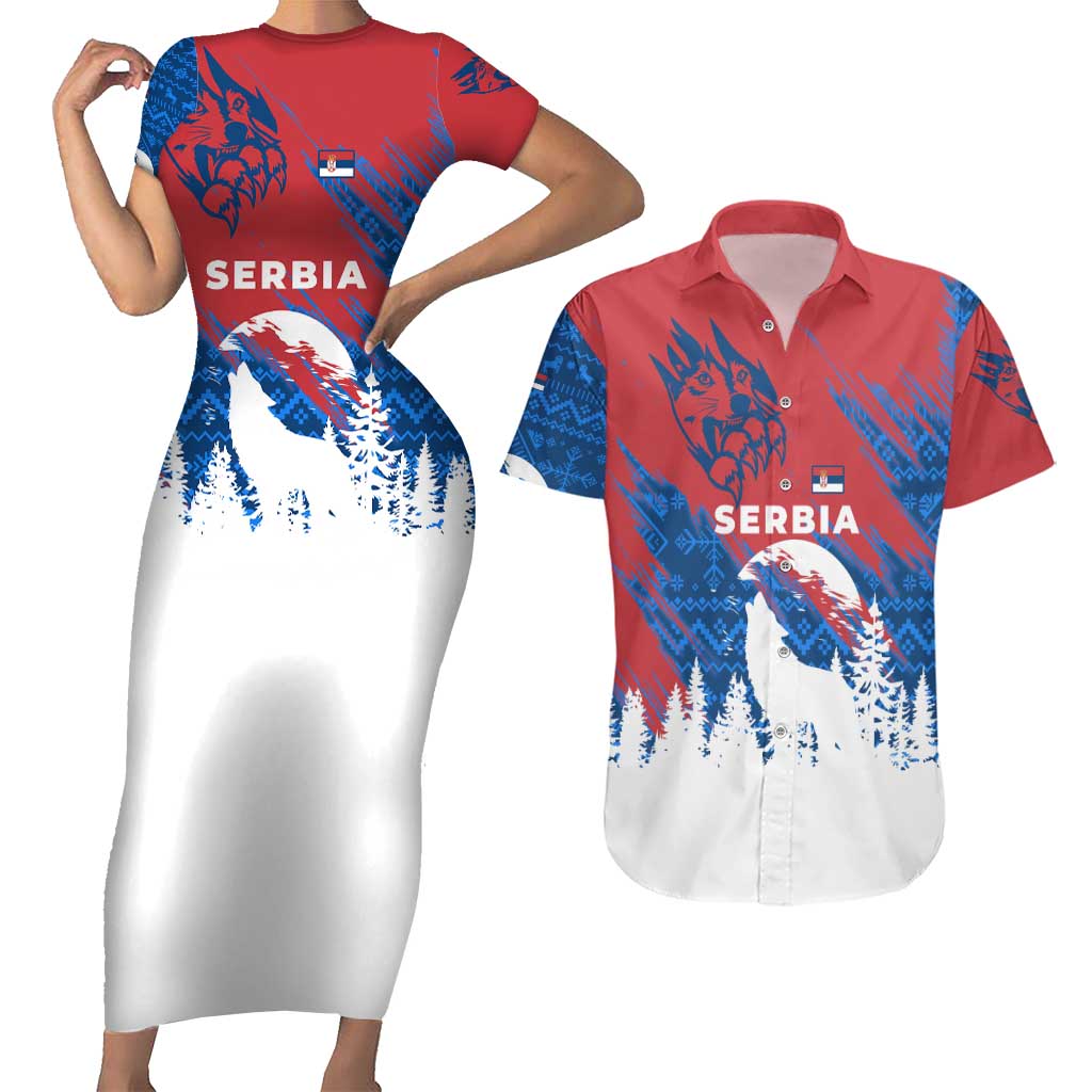 Serbia Christmas Couples Matching Short Sleeve Bodycon Dress and Hawaiian Shirt with Wolf Howling Moon Serbian Flag and Red Blue White Winter Forest Pattern Design - Wonder Print Shop