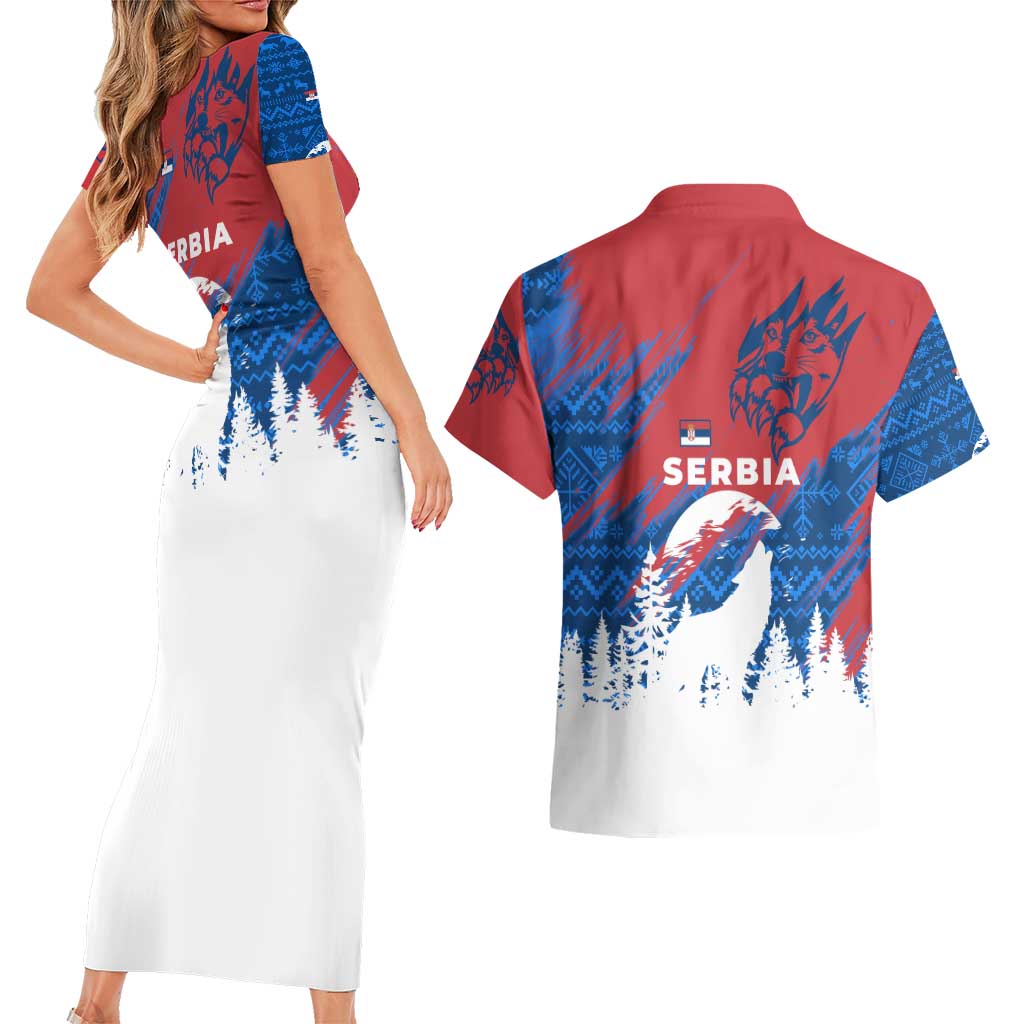 Serbia Christmas Couples Matching Short Sleeve Bodycon Dress and Hawaiian Shirt with Wolf Howling Moon Serbian Flag and Red Blue White Winter Forest Pattern Design - Wonder Print Shop