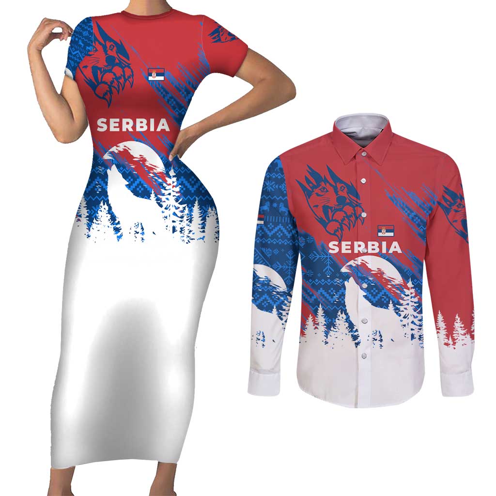 Serbia Christmas Couples Matching Short Sleeve Bodycon Dress and Long Sleeve Button Shirt with Wolf Howling Moon Serbian Flag and Red Blue White Winter Forest Pattern Design - Wonder Print Shop