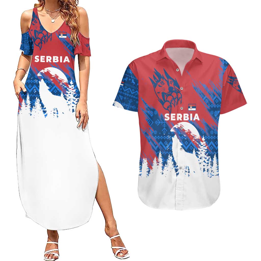 Serbia Christmas Couples Matching Summer Maxi Dress and Hawaiian Shirt with Wolf Howling Moon Serbian Flag and Red Blue White Winter Forest Pattern Design - Wonder Print Shop