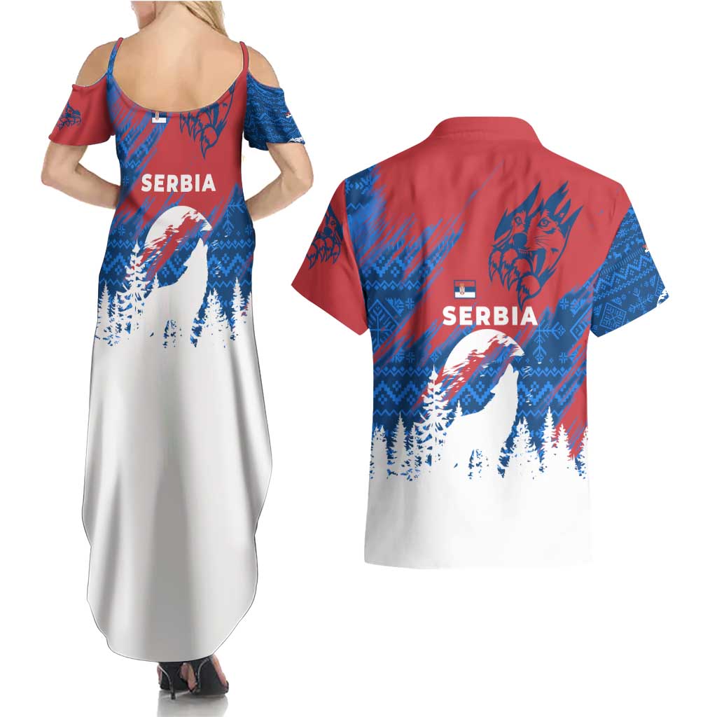 Serbia Christmas Couples Matching Summer Maxi Dress and Hawaiian Shirt with Wolf Howling Moon Serbian Flag and Red Blue White Winter Forest Pattern Design - Wonder Print Shop