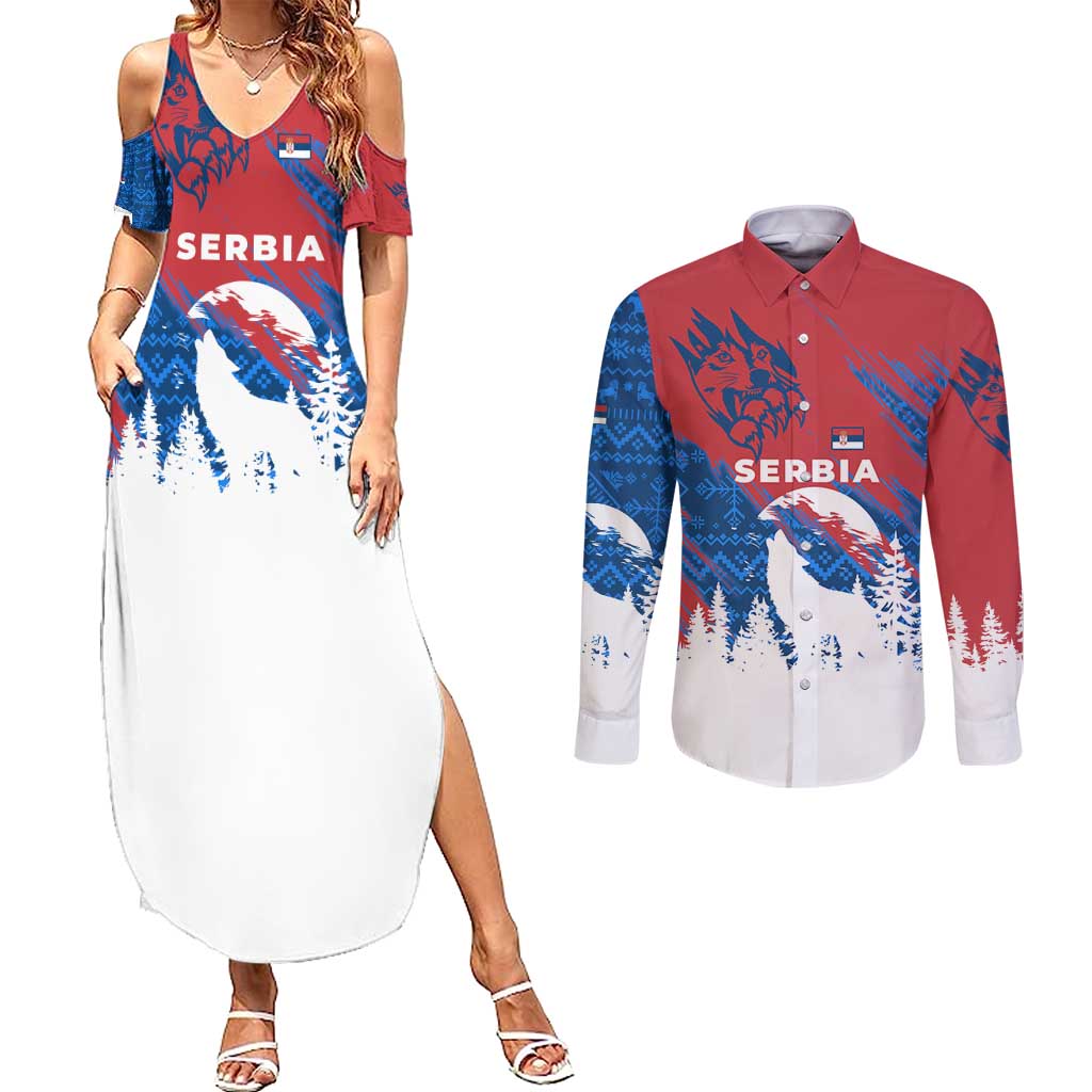 Serbia Christmas Couples Matching Summer Maxi Dress and Long Sleeve Button Shirt with Wolf Howling Moon Serbian Flag and Red Blue White Winter Forest Pattern Design - Wonder Print Shop