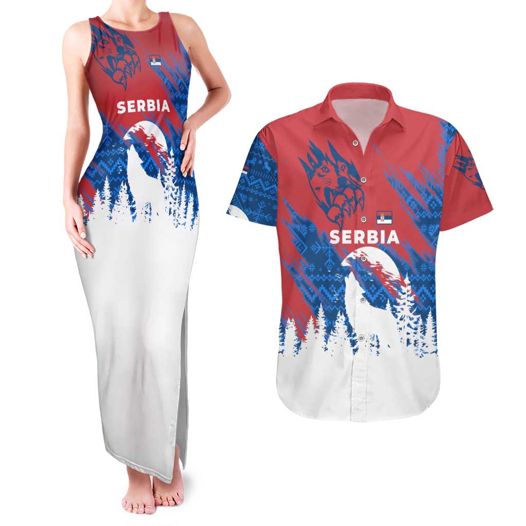 Serbia Christmas Couples Matching Tank Maxi Dress and Hawaiian Shirt with Wolf Howling Moon Serbian Flag and Red Blue White Winter Forest Pattern Design - Wonder Print Shop