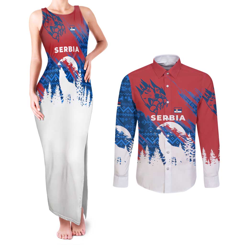 Serbia Christmas Couples Matching Tank Maxi Dress and Long Sleeve Button Shirt with Wolf Howling Moon Serbian Flag and Red Blue White Winter Forest Pattern Design - Wonder Print Shop