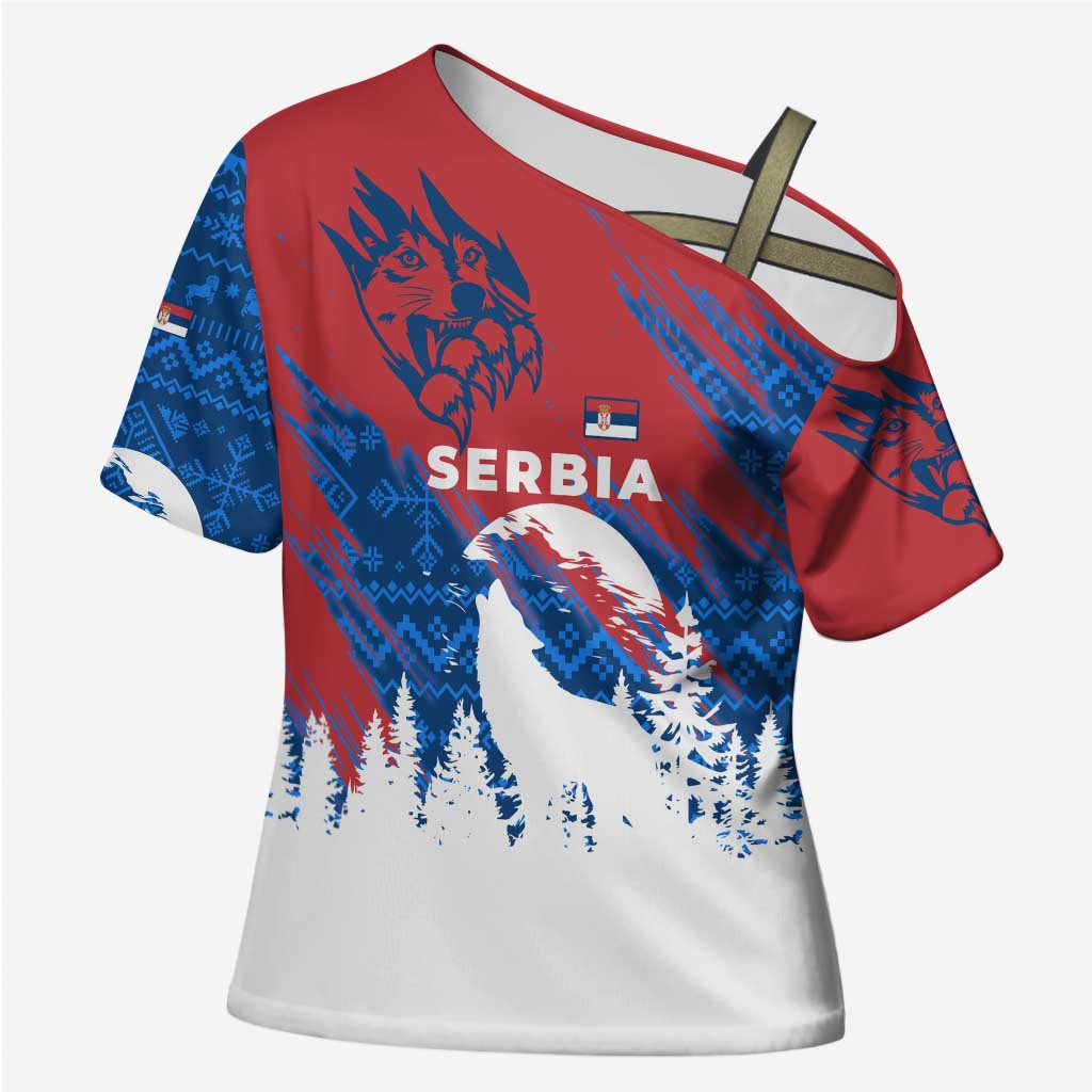 Serbia Christmas Cross Shoulder Shirt with Wolf Howling Moon Serbian Flag and Red Blue White Winter Forest Pattern Design - Wonder Print Shop
