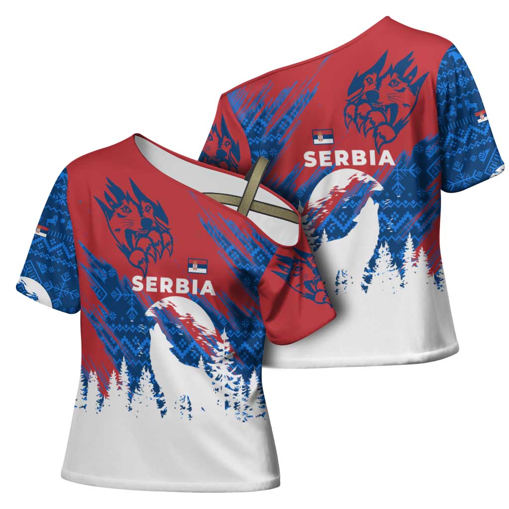 Serbia Christmas Cross Shoulder Shirt with Wolf Howling Moon Serbian Flag and Red Blue White Winter Forest Pattern Design - Wonder Print Shop