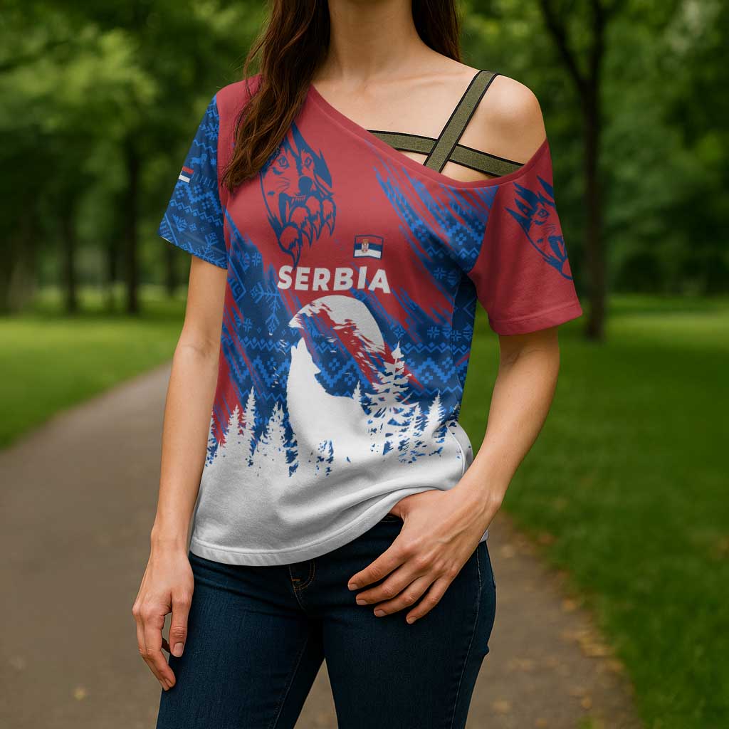 Serbia Christmas Cross Shoulder Shirt with Wolf Howling Moon Serbian Flag and Red Blue White Winter Forest Pattern Design - Wonder Print Shop