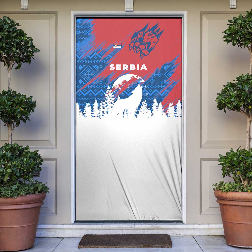 Serbia Christmas Door Cover with Wolf Howling Moon Serbian Flag and Red Blue White Winter Forest Pattern Design - Wonder Print Shop