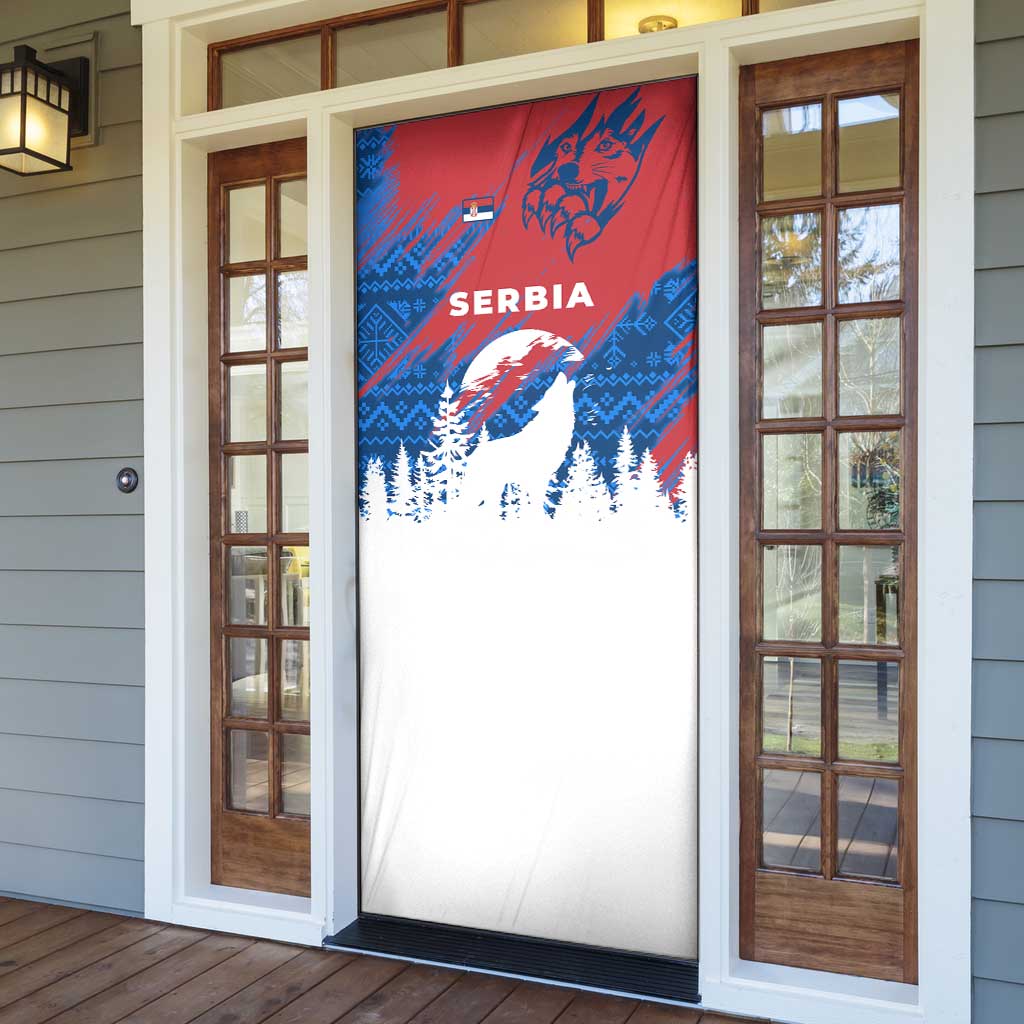 Serbia Christmas Door Cover with Wolf Howling Moon Serbian Flag and Red Blue White Winter Forest Pattern Design - Wonder Print Shop