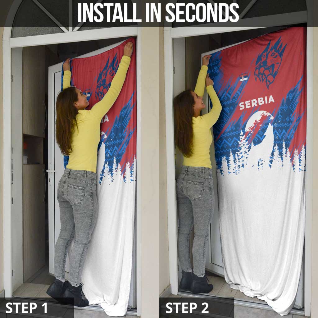 Serbia Christmas Door Cover with Wolf Howling Moon Serbian Flag and Red Blue White Winter Forest Pattern Design - Wonder Print Shop
