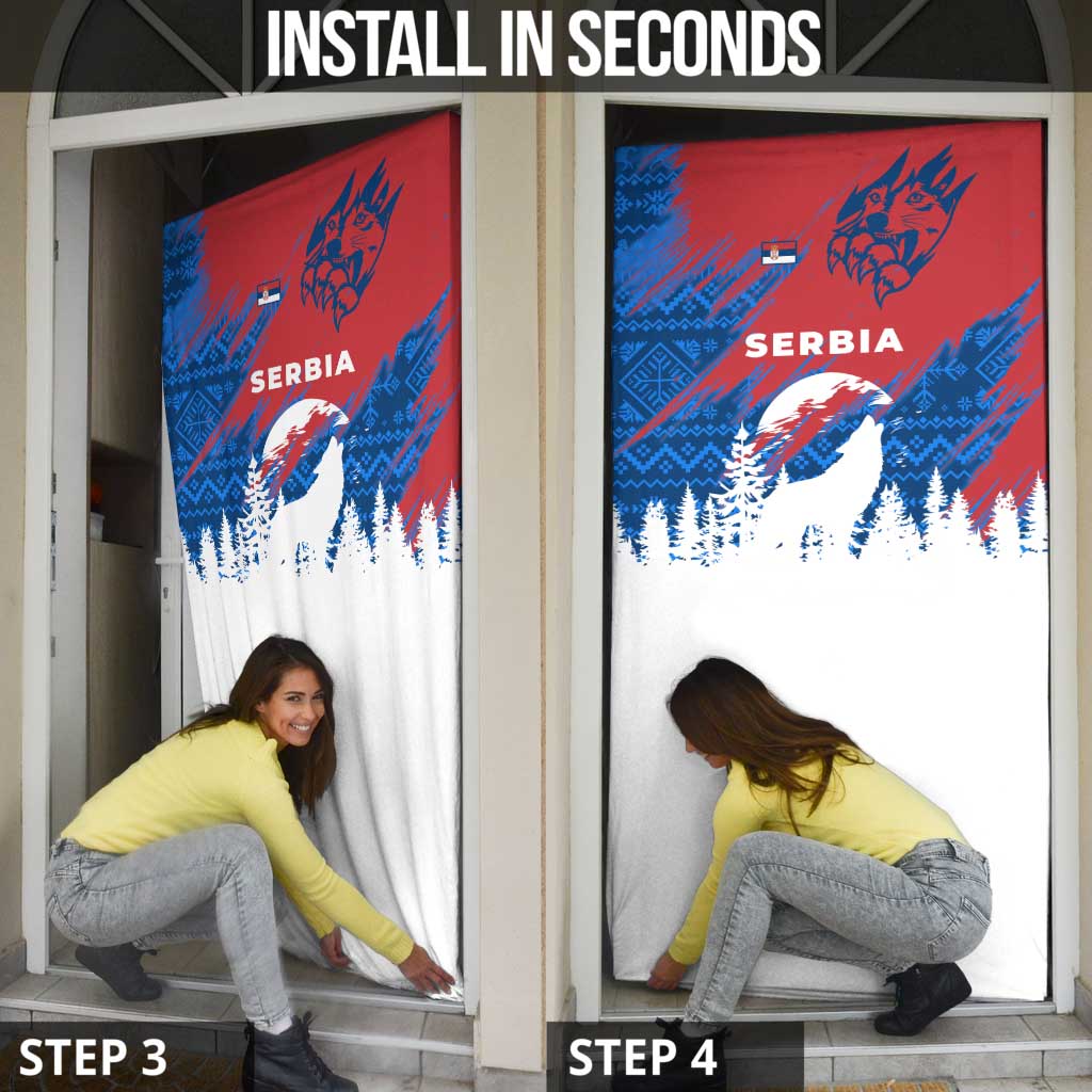 Serbia Christmas Door Cover with Wolf Howling Moon Serbian Flag and Red Blue White Winter Forest Pattern Design - Wonder Print Shop