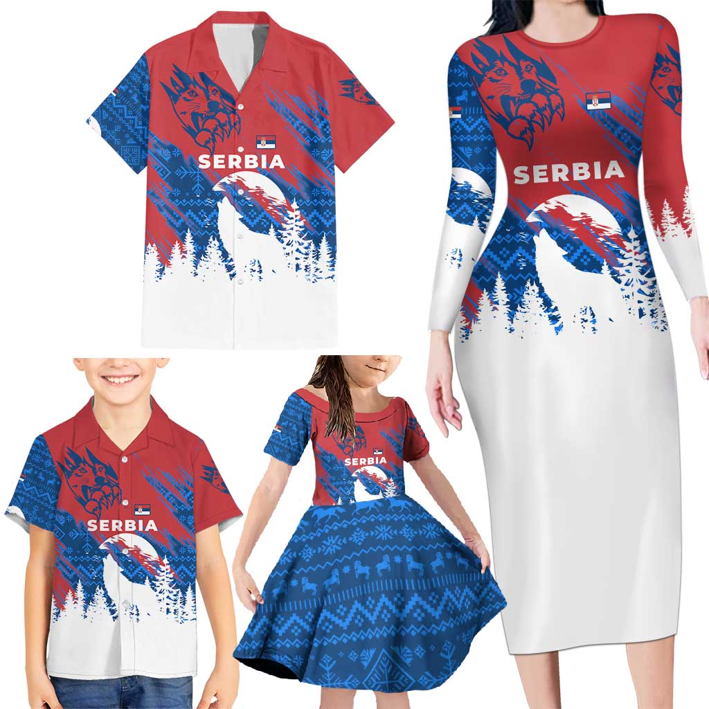 Serbia Christmas Family Matching Long Sleeve Bodycon Dress and Hawaiian Shirt with Wolf Howling Moon Serbian Flag and Red Blue White Winter Forest Pattern Design - Wonder Print Shop