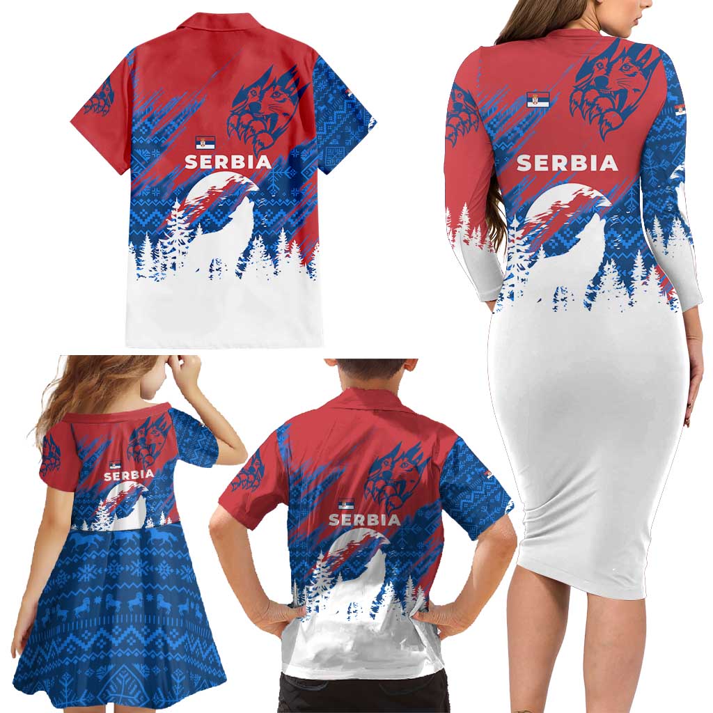 Serbia Christmas Family Matching Long Sleeve Bodycon Dress and Hawaiian Shirt with Wolf Howling Moon Serbian Flag and Red Blue White Winter Forest Pattern Design - Wonder Print Shop