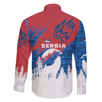 Serbia Christmas Family Matching Long Sleeve Bodycon Dress and Hawaiian Shirt with Wolf Howling Moon Serbian Flag and Red Blue White Winter Forest Pattern Design - Wonder Print Shop