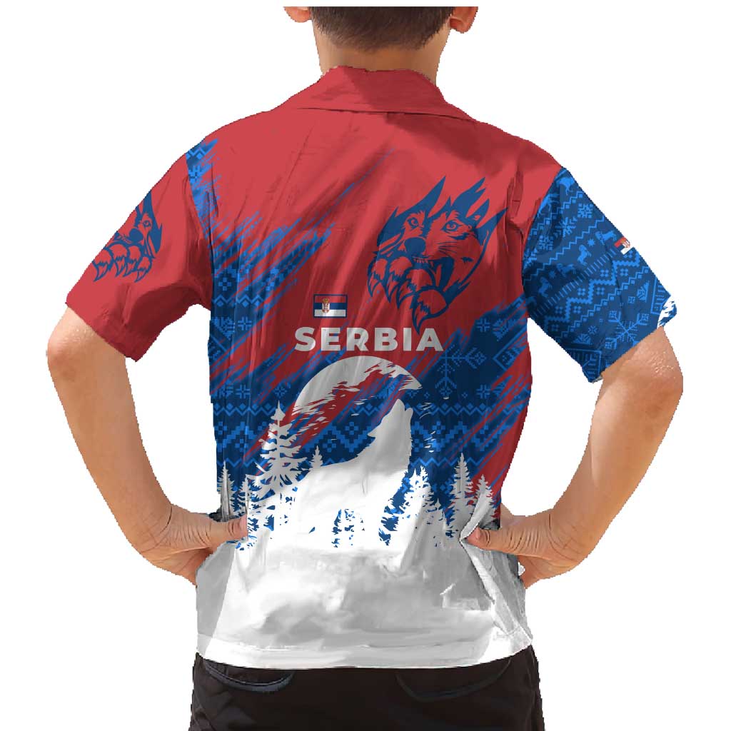 Serbia Christmas Family Matching Mermaid Dress and Hawaiian Shirt with Wolf Howling Moon Serbian Flag and Red Blue White Winter Forest Pattern Design - Wonder Print Shop