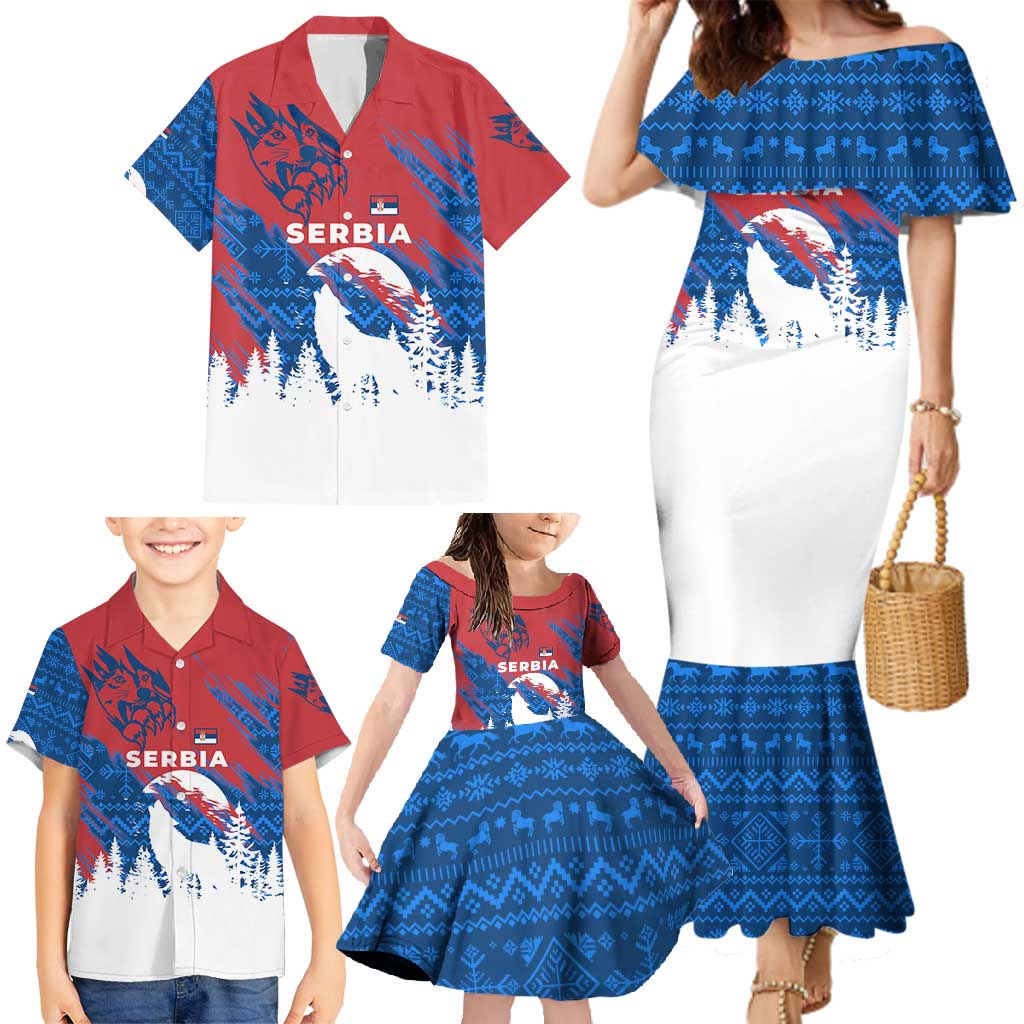 Serbia Christmas Family Matching Mermaid Dress and Hawaiian Shirt with Wolf Howling Moon Serbian Flag and Red Blue White Winter Forest Pattern Design - Wonder Print Shop