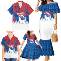 Serbia Christmas Family Matching Mermaid Dress and Hawaiian Shirt with Wolf Howling Moon Serbian Flag and Red Blue White Winter Forest Pattern Design - Wonder Print Shop
