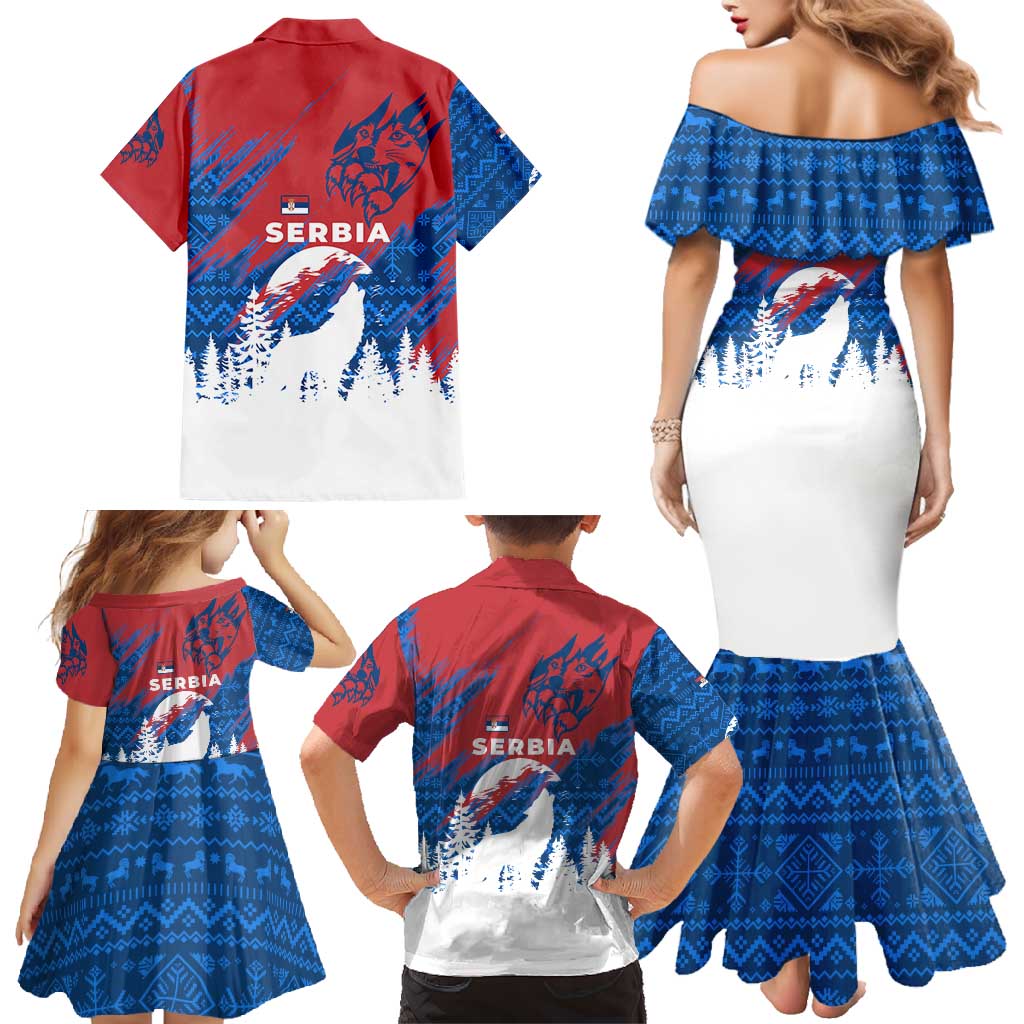 Serbia Christmas Family Matching Mermaid Dress and Hawaiian Shirt with Wolf Howling Moon Serbian Flag and Red Blue White Winter Forest Pattern Design - Wonder Print Shop