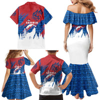 Serbia Christmas Family Matching Mermaid Dress and Hawaiian Shirt with Wolf Howling Moon Serbian Flag and Red Blue White Winter Forest Pattern Design - Wonder Print Shop