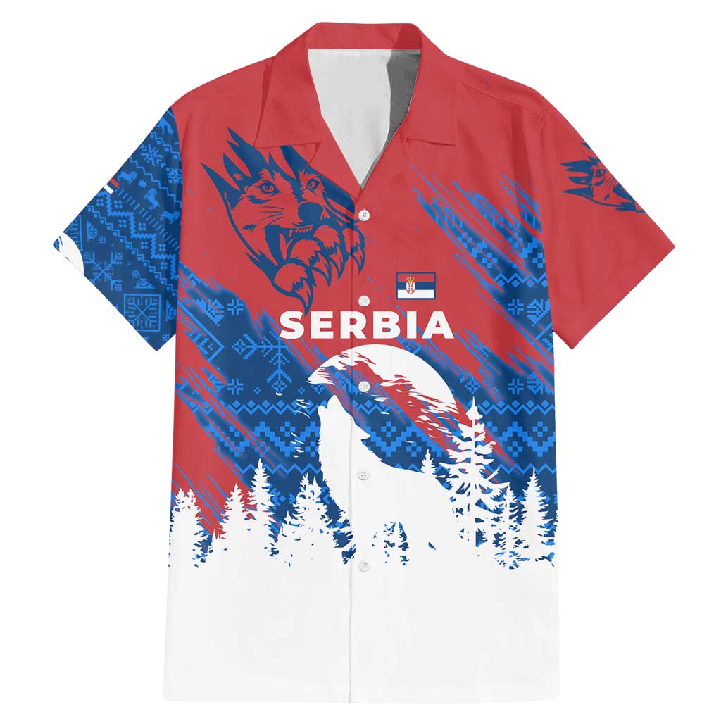 Serbia Christmas Family Matching Mermaid Dress and Hawaiian Shirt with Wolf Howling Moon Serbian Flag and Red Blue White Winter Forest Pattern Design - Wonder Print Shop