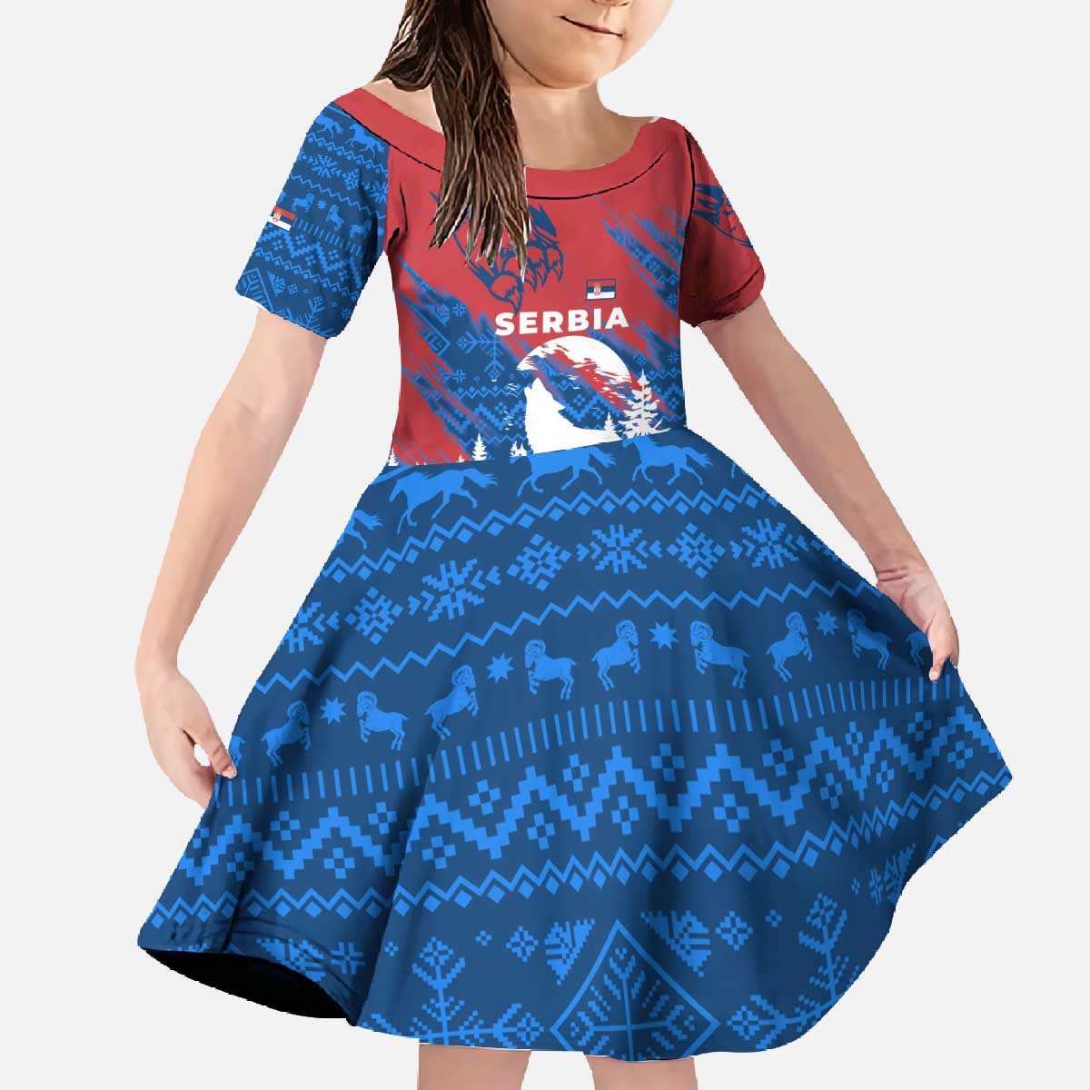 Serbia Christmas Family Matching Off The Shoulder Long Sleeve Dress and Hawaiian Shirt with Wolf Howling Moon Serbian Flag and Red Blue White Winter Forest Pattern Design - Wonder Print Shop