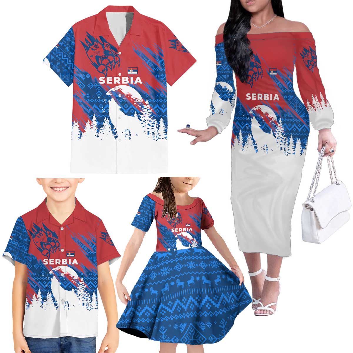 Serbia Christmas Family Matching Off The Shoulder Long Sleeve Dress and Hawaiian Shirt with Wolf Howling Moon Serbian Flag and Red Blue White Winter Forest Pattern Design - Wonder Print Shop