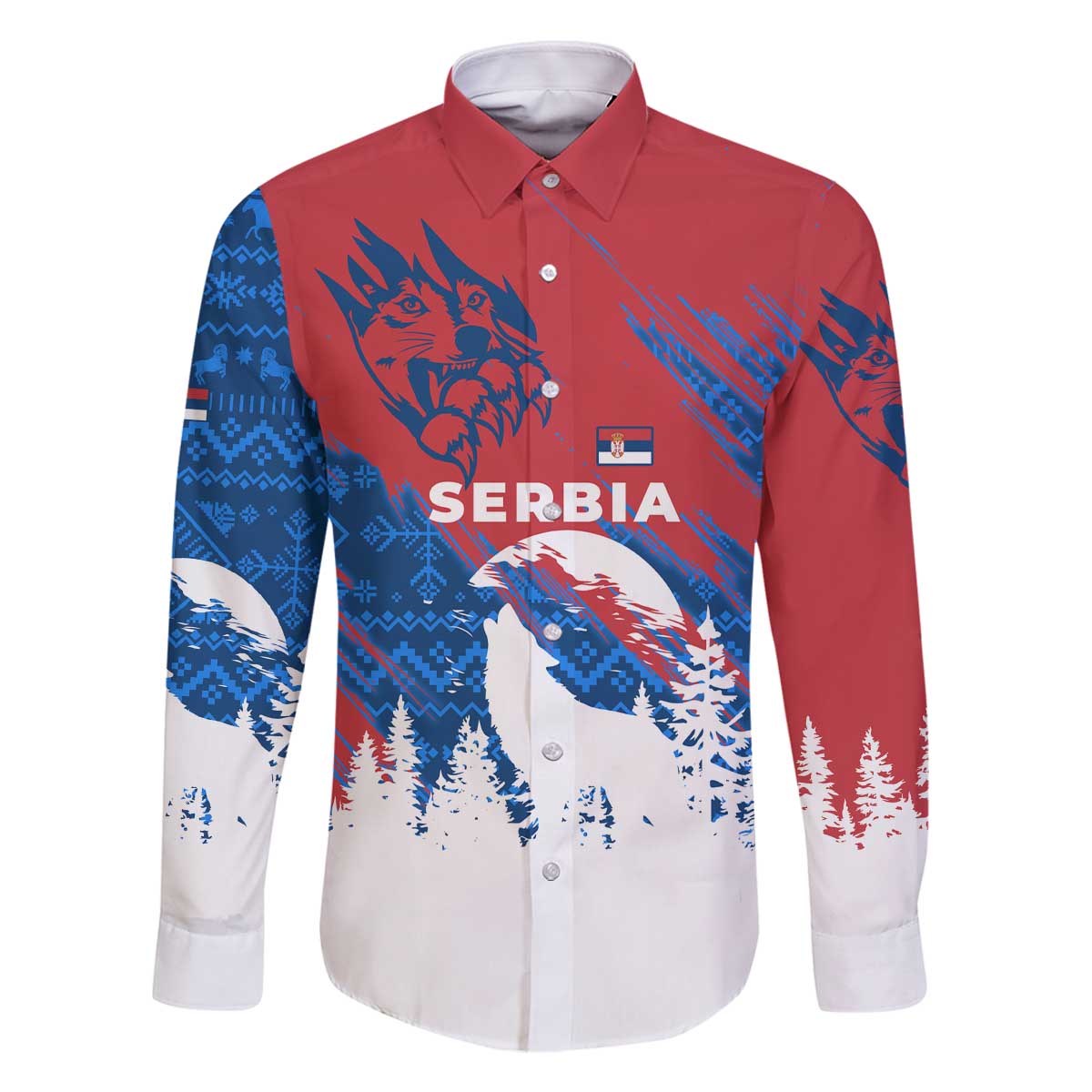 Serbia Christmas Family Matching Off The Shoulder Long Sleeve Dress and Hawaiian Shirt with Wolf Howling Moon Serbian Flag and Red Blue White Winter Forest Pattern Design - Wonder Print Shop