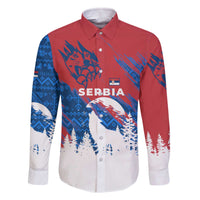 Serbia Christmas Family Matching Off The Shoulder Long Sleeve Dress and Hawaiian Shirt with Wolf Howling Moon Serbian Flag and Red Blue White Winter Forest Pattern Design - Wonder Print Shop