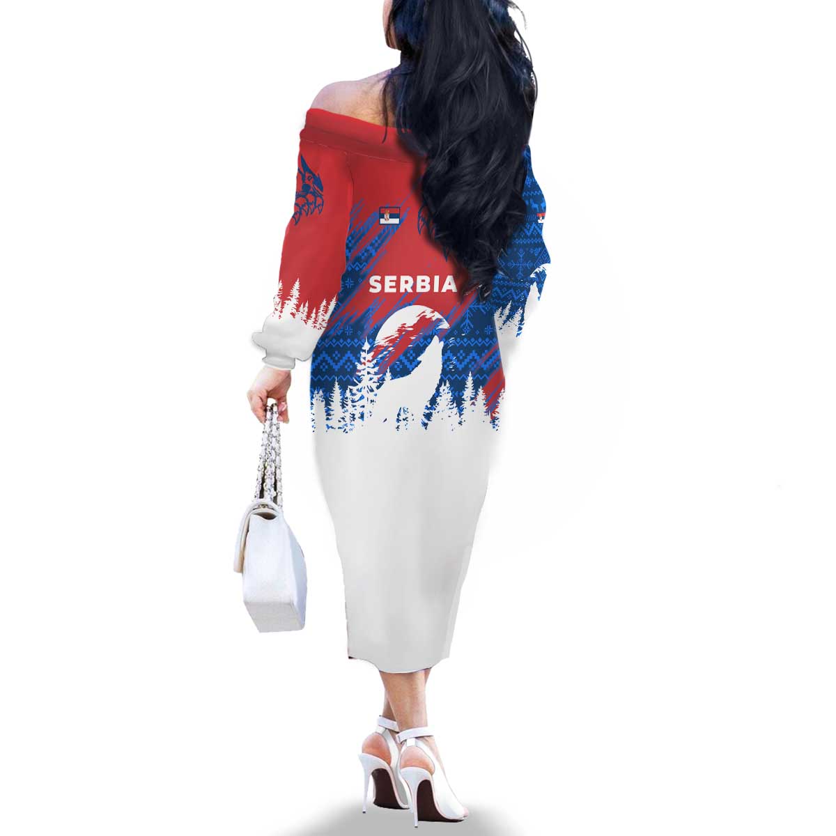 Serbia Christmas Family Matching Off The Shoulder Long Sleeve Dress and Hawaiian Shirt with Wolf Howling Moon Serbian Flag and Red Blue White Winter Forest Pattern Design - Wonder Print Shop