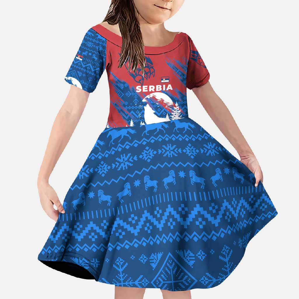 Serbia Christmas Family Matching Off Shoulder Maxi Dress and Hawaiian Shirt with Wolf Howling Moon Serbian Flag and Red Blue White Winter Forest Pattern Design - Wonder Print Shop
