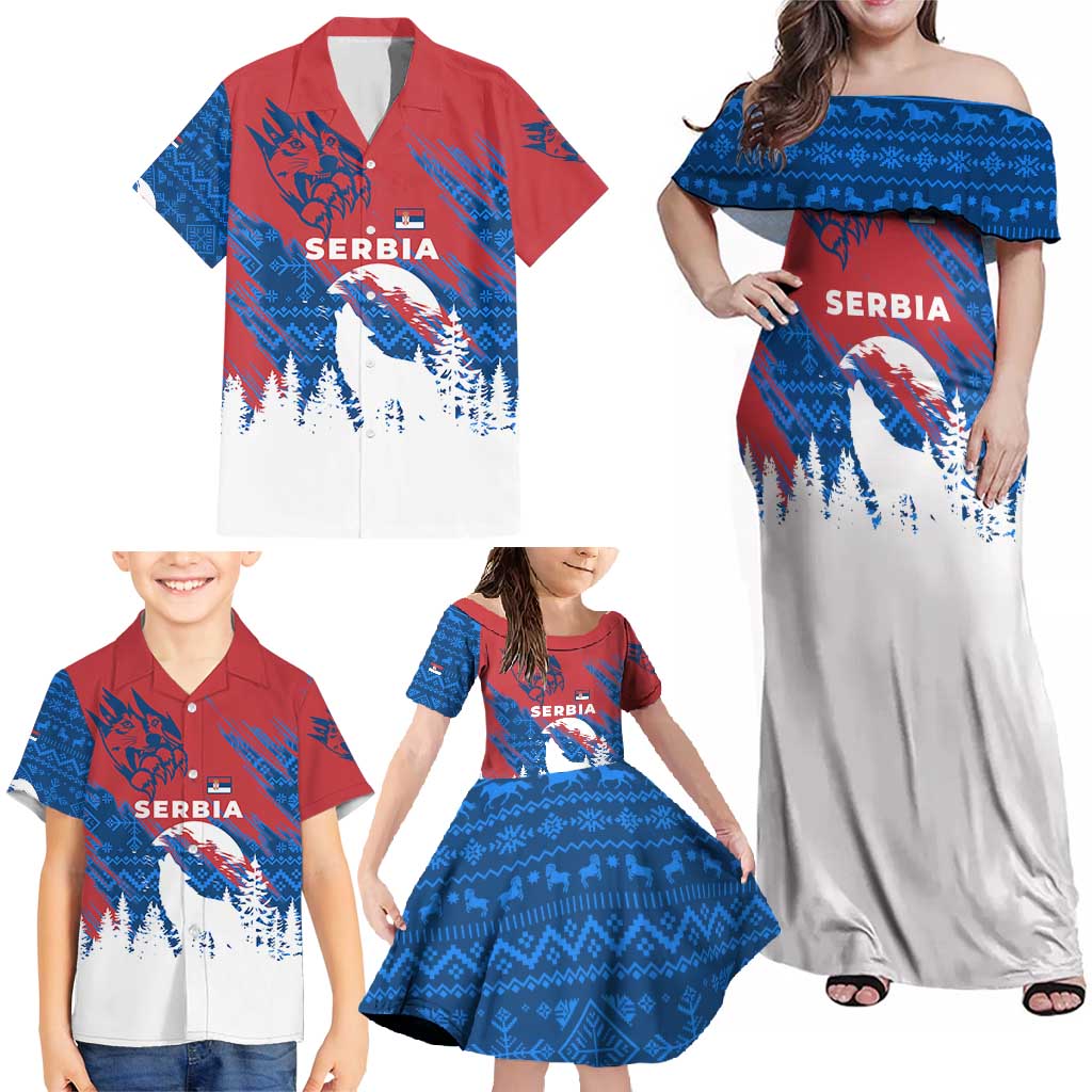 Serbia Christmas Family Matching Off Shoulder Maxi Dress and Hawaiian Shirt with Wolf Howling Moon Serbian Flag and Red Blue White Winter Forest Pattern Design - Wonder Print Shop