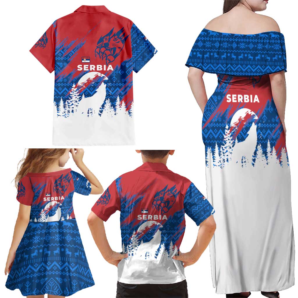 Serbia Christmas Family Matching Off Shoulder Maxi Dress and Hawaiian Shirt with Wolf Howling Moon Serbian Flag and Red Blue White Winter Forest Pattern Design - Wonder Print Shop