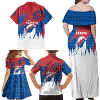 Serbia Christmas Family Matching Off Shoulder Maxi Dress and Hawaiian Shirt with Wolf Howling Moon Serbian Flag and Red Blue White Winter Forest Pattern Design - Wonder Print Shop