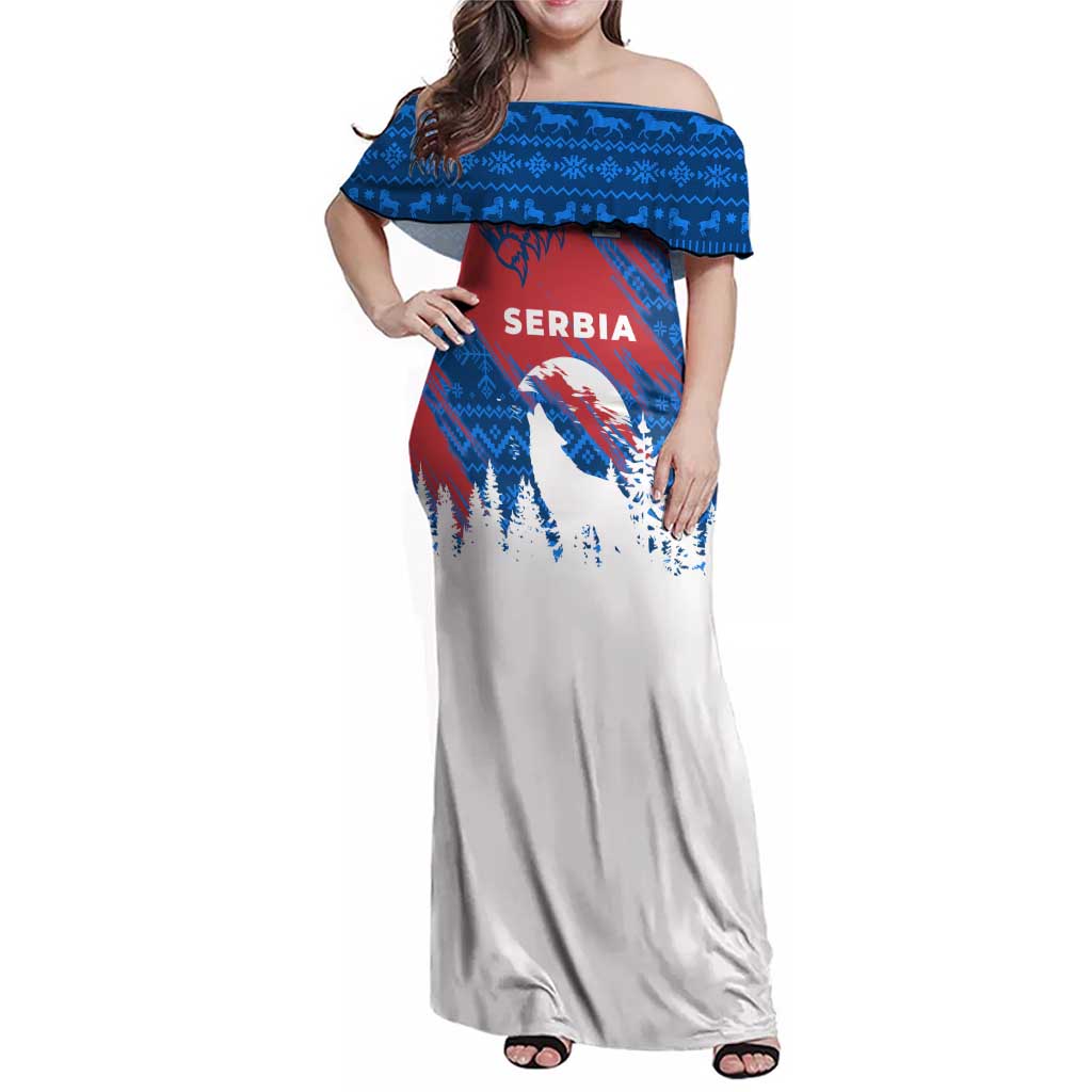 Serbia Christmas Family Matching Off Shoulder Maxi Dress and Hawaiian Shirt with Wolf Howling Moon Serbian Flag and Red Blue White Winter Forest Pattern Design - Wonder Print Shop