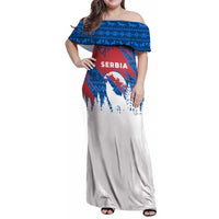 Serbia Christmas Family Matching Off Shoulder Maxi Dress and Hawaiian Shirt with Wolf Howling Moon Serbian Flag and Red Blue White Winter Forest Pattern Design - Wonder Print Shop