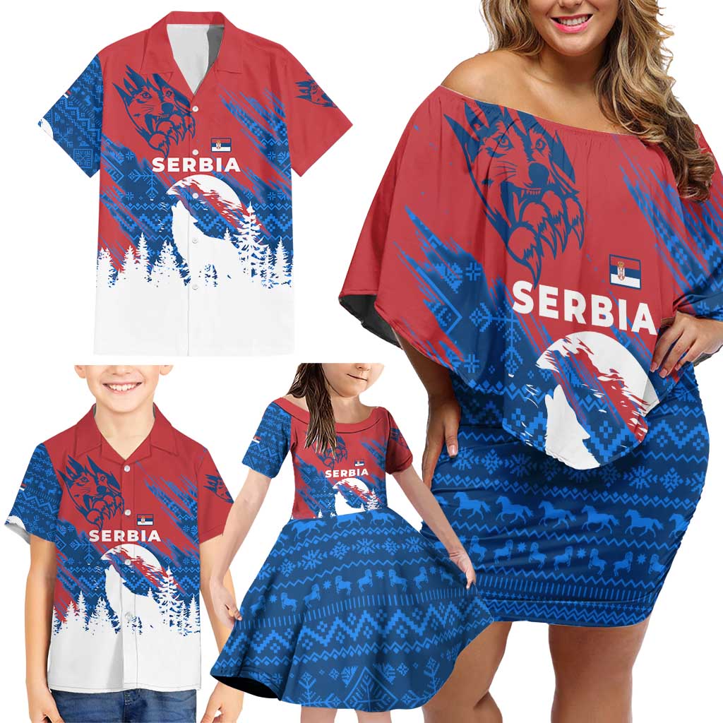 Serbia Christmas Family Matching Off Shoulder Short Dress and Hawaiian Shirt with Wolf Howling Moon Serbian Flag and Red Blue White Winter Forest Pattern Design - Wonder Print Shop