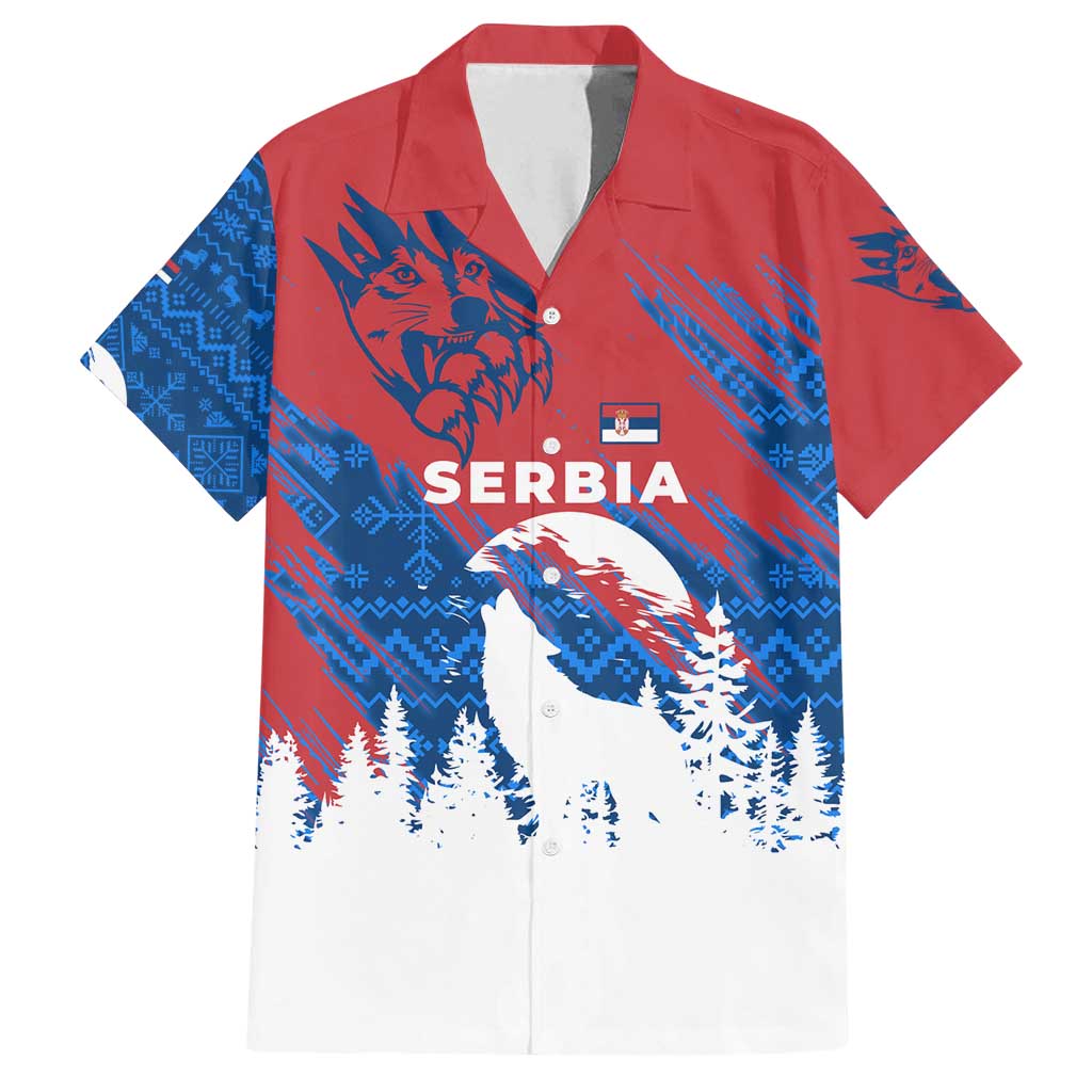 Serbia Christmas Family Matching Off Shoulder Short Dress and Hawaiian Shirt with Wolf Howling Moon Serbian Flag and Red Blue White Winter Forest Pattern Design - Wonder Print Shop