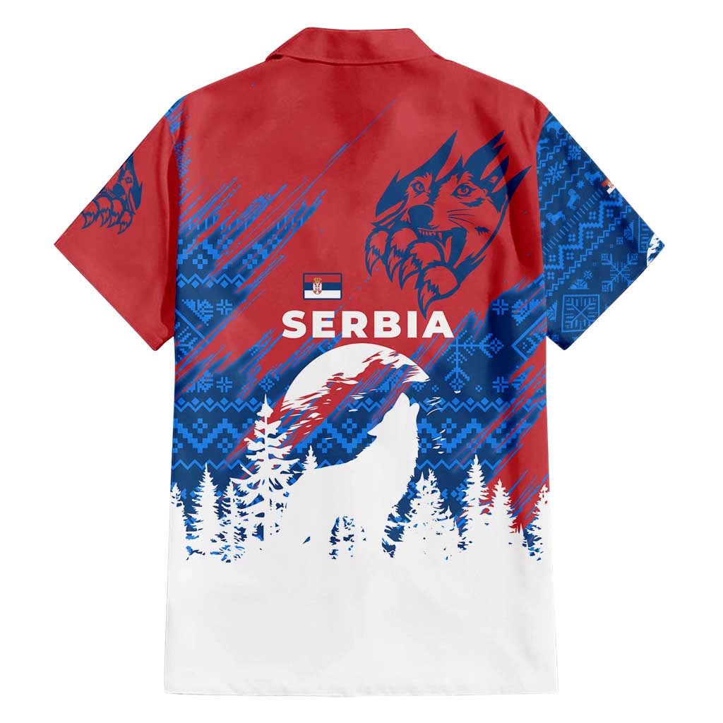 Serbia Christmas Family Matching Off Shoulder Short Dress and Hawaiian Shirt with Wolf Howling Moon Serbian Flag and Red Blue White Winter Forest Pattern Design - Wonder Print Shop