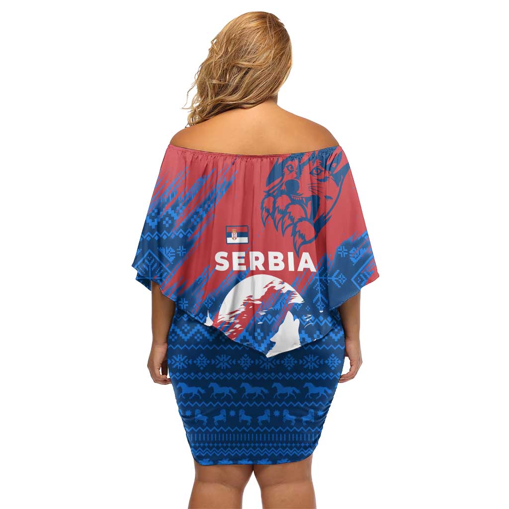 Serbia Christmas Family Matching Off Shoulder Short Dress and Hawaiian Shirt with Wolf Howling Moon Serbian Flag and Red Blue White Winter Forest Pattern Design - Wonder Print Shop