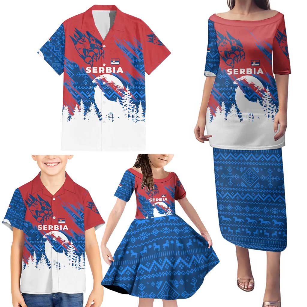 Serbia Christmas Family Matching Puletasi and Hawaiian Shirt with Wolf Howling Moon Serbian Flag and Red Blue White Winter Forest Pattern Design - Wonder Print Shop